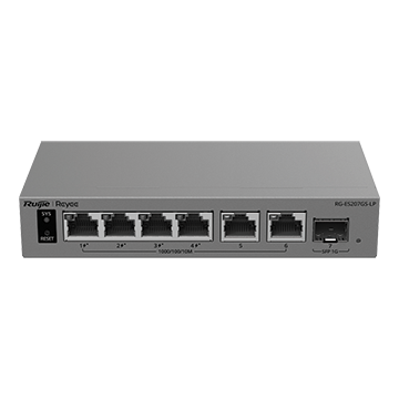 RG-ES207GS-LP - 7 Port Gigabit Layer 2 Smart Cloud-Managed PoE Network Switch (4x PoE+, 2x RJ45 GbE, 1x SFP), 40 W